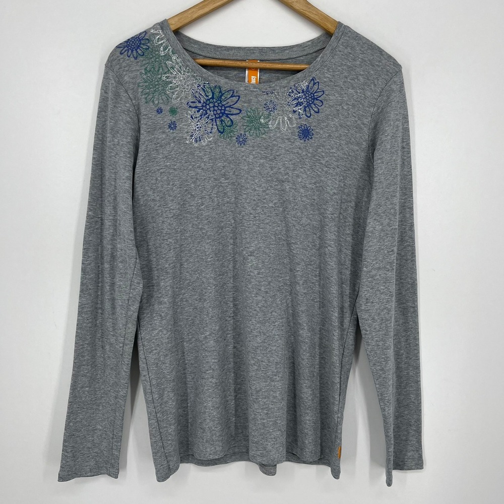Lucy Womens XL Grey Cotton Long Sleeve Floral Graphic Crew Neck T-Shirt